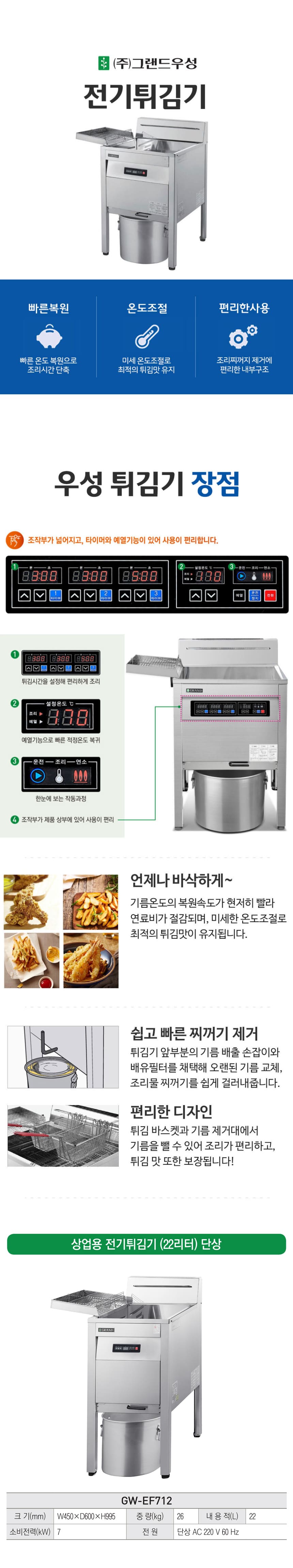 [그랜드우성] 업소용 전기 튀김기 22L 단상 (36) GW-EF712 상세 이미지 1